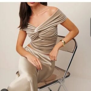 Reformation Taupe Knot-Front Off-Shoulder Top